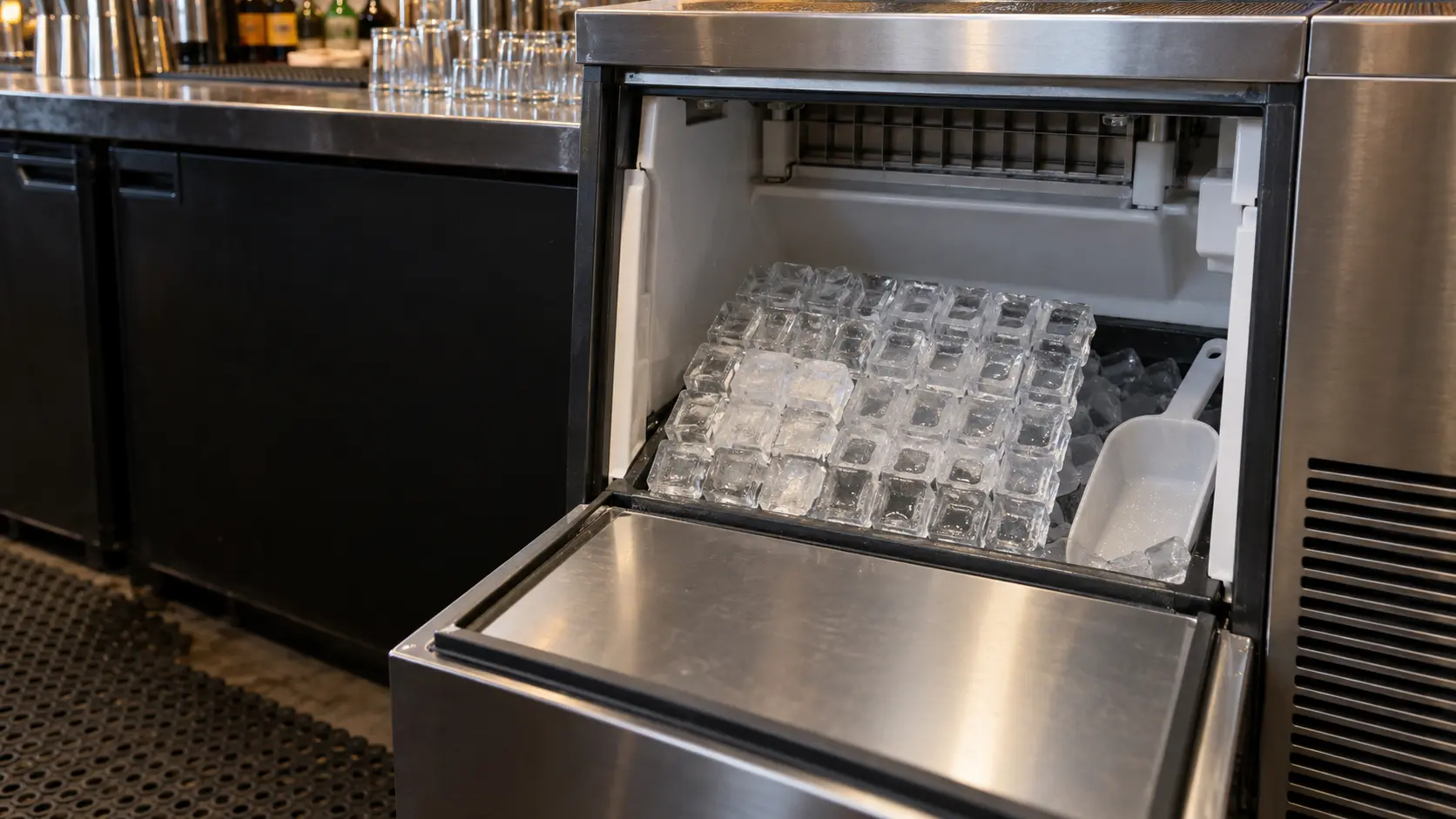 A close view inside an open undercounter ice machine under a bar, a fresh sheet of cubes from the ice machine lying on a dark tray with some cubes full and some shallow and dimpled, clear ice, stainless interior.