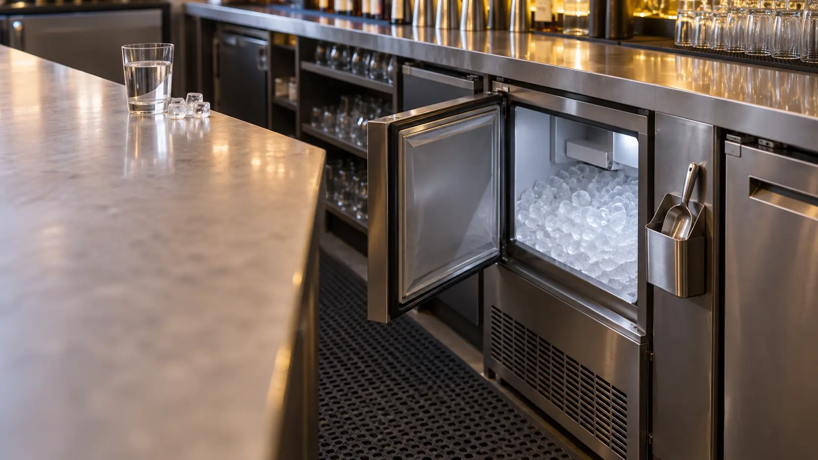 An undercounter ice machine behind a hotel bar with its door open, a stainless scoop resting in a holder beside the ice machine rather than in the ice, a clear glass of water and a few clear cubes on the bar top, soft evening light.