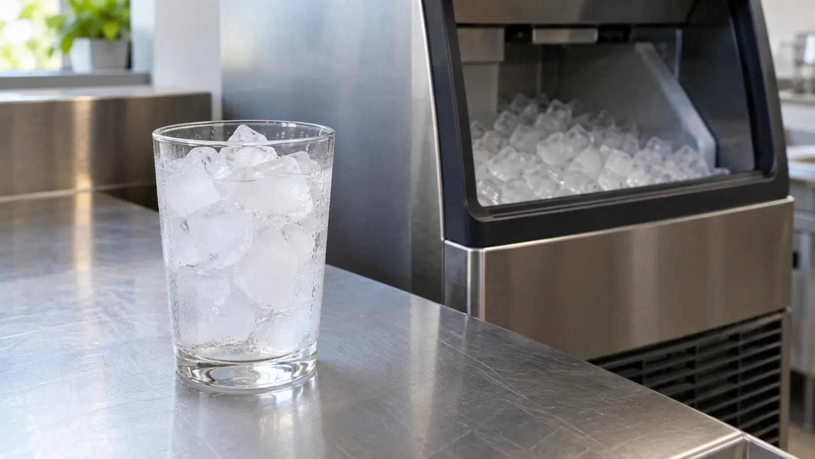 Close on a glass of cloudy ice cubes on a steel counter beside an ice machine.