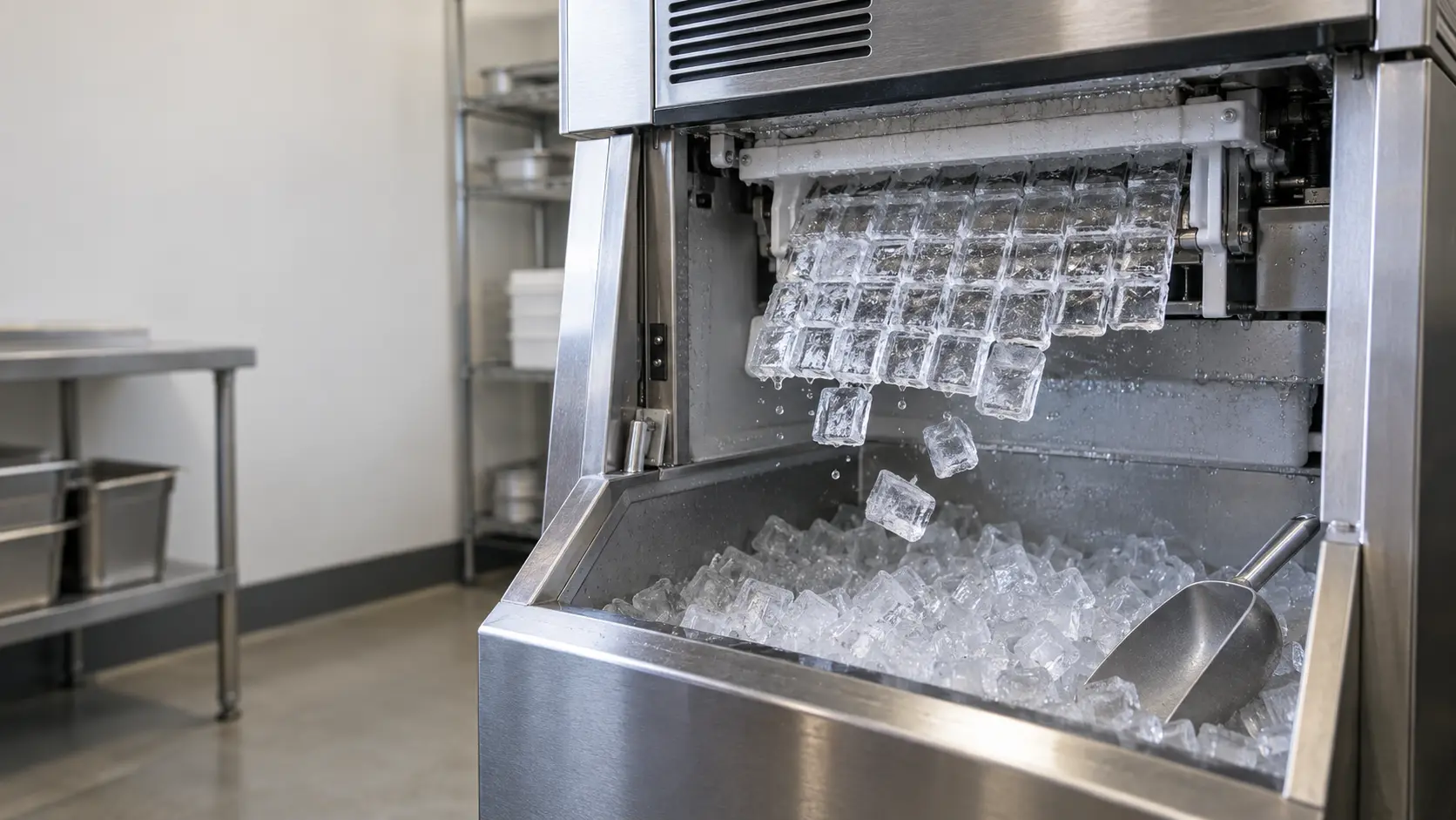 A sheet of clear cubes releasing from the evaporator plate of an ice machine, seen close.