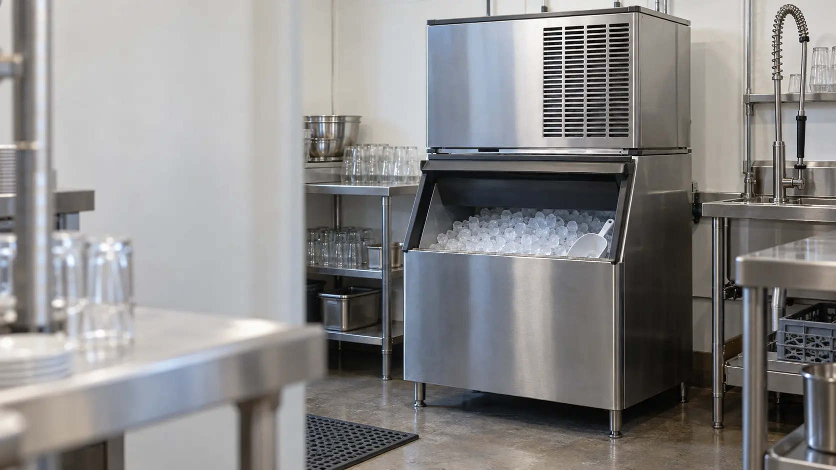 A busy restaurant back room with a modular ice machine on its bin, seen from across the room.