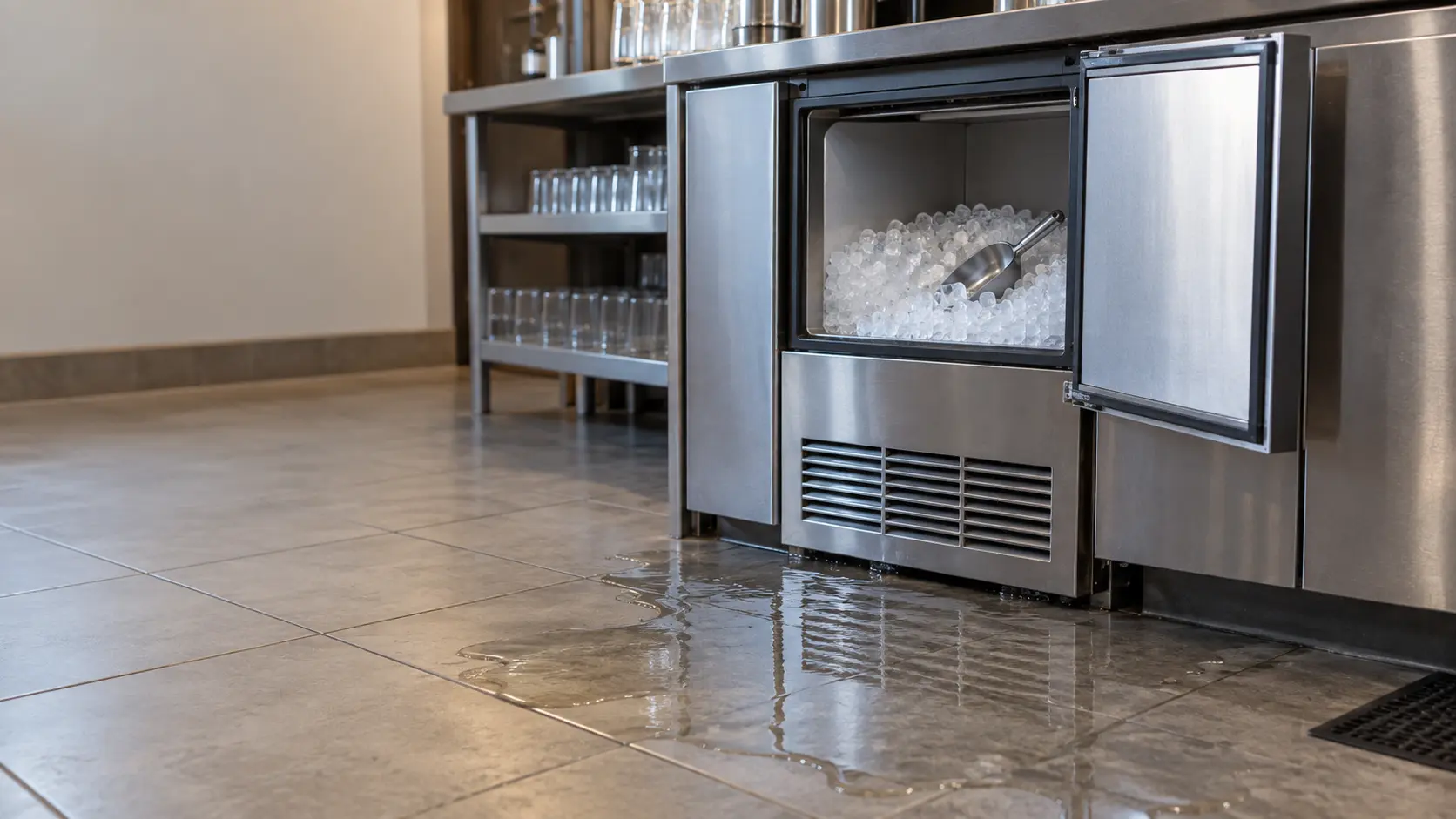 Water spreading across a tiled floor from under an undercounter ice machine.