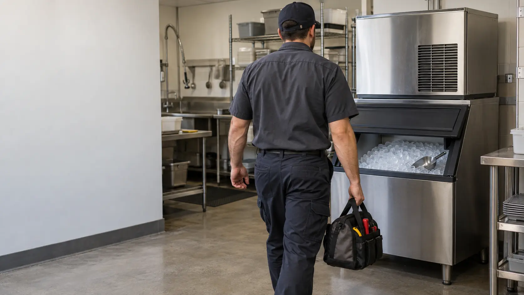 A technician arriving at a restaurant back door with a tool bag, a modular ice machine inside, seen from behind.