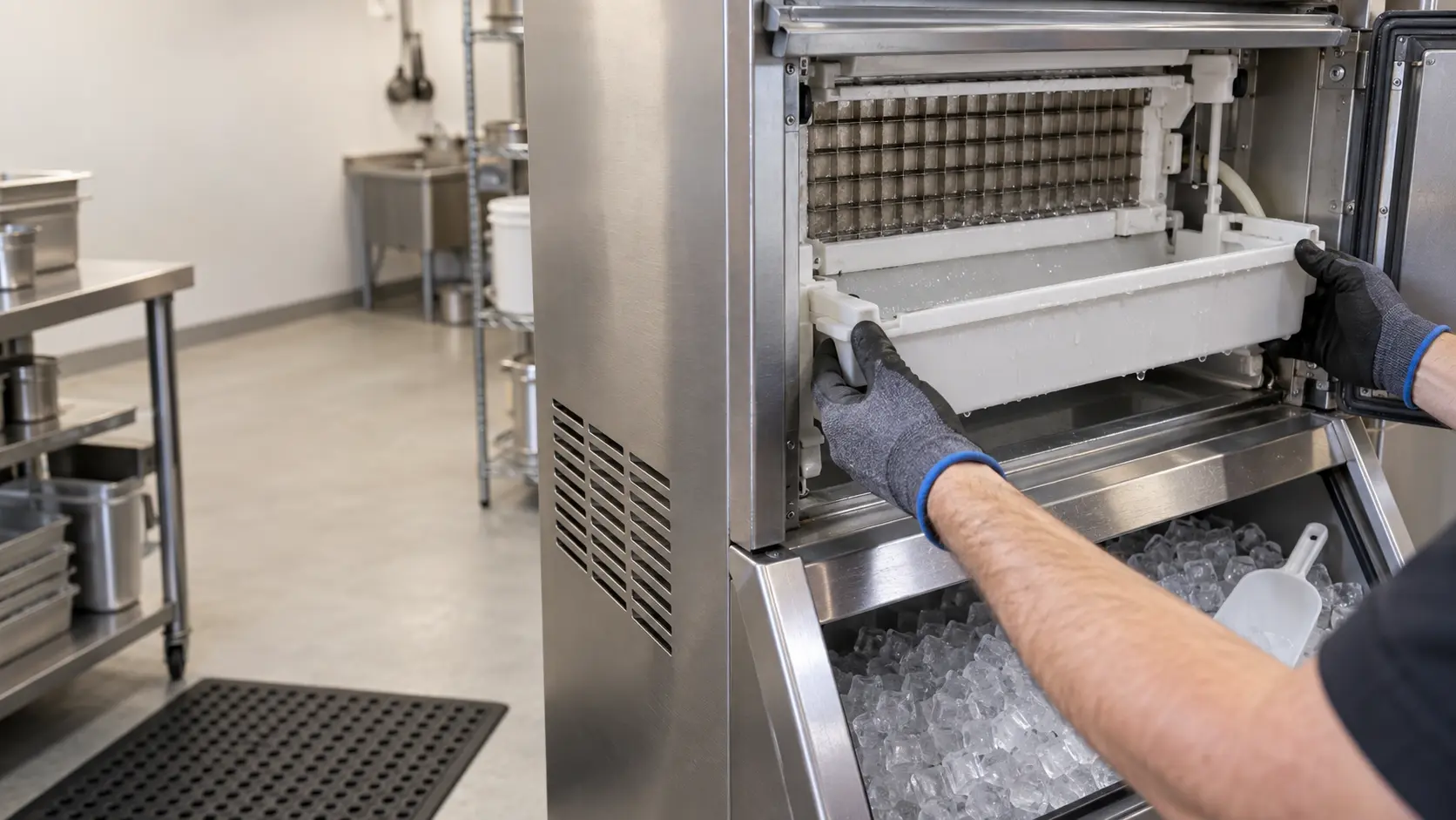 A technician's gloved hands lifting the water trough out of an ice machine for cleaning.