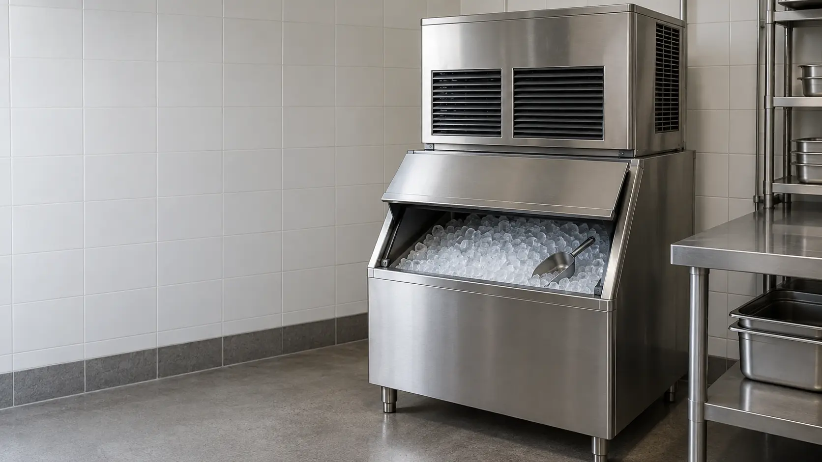 A modular ice machine head on a stainless storage bin against a tiled wall.