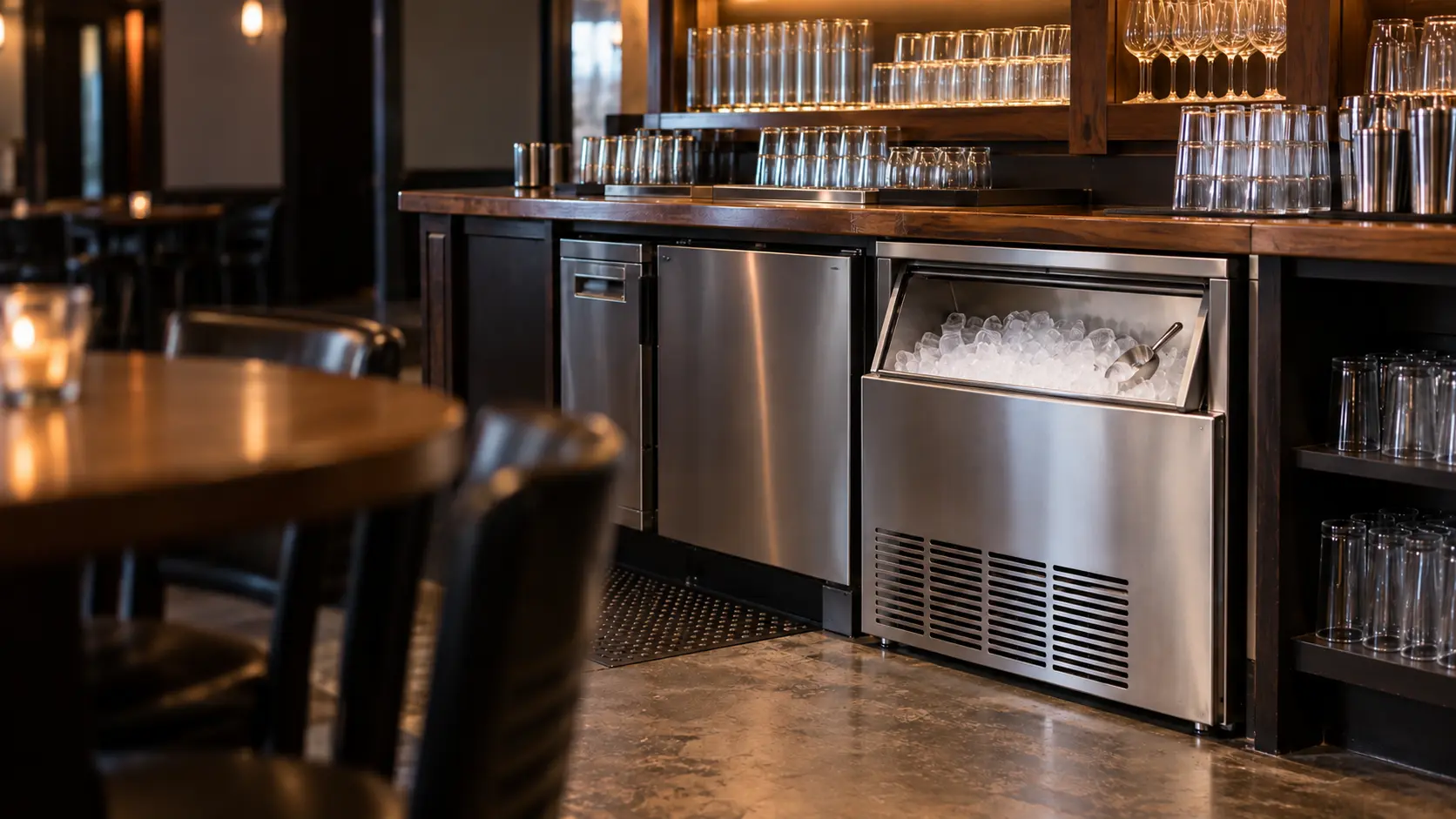 A Chicago tavern's back bar with an undercounter ice machine, seen from across the room.