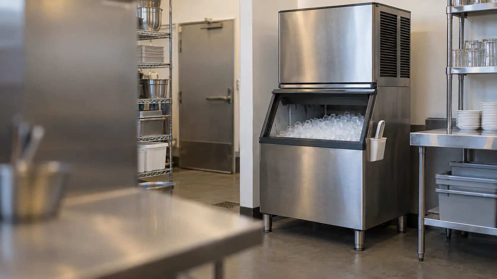 A Los Angeles cafe's back room with a modular ice machine on a bin, seen from across the room.