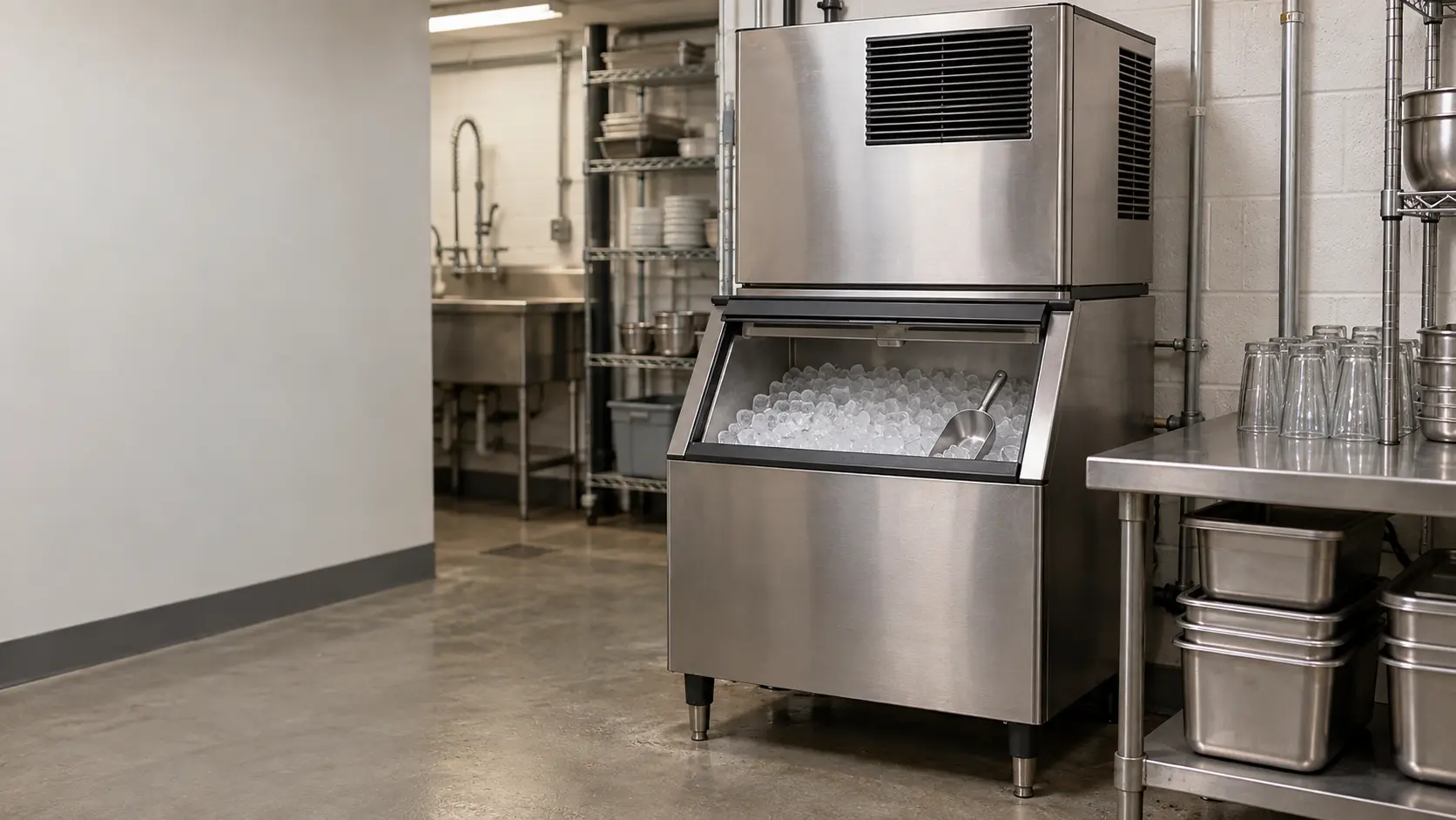 A New York restaurant's narrow basement prep room with a modular ice machine on its bin, seen from across the room.