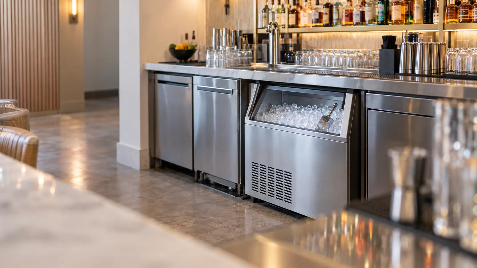 A Miami Beach bar with an undercounter ice machine under the service well, seen from across the room.