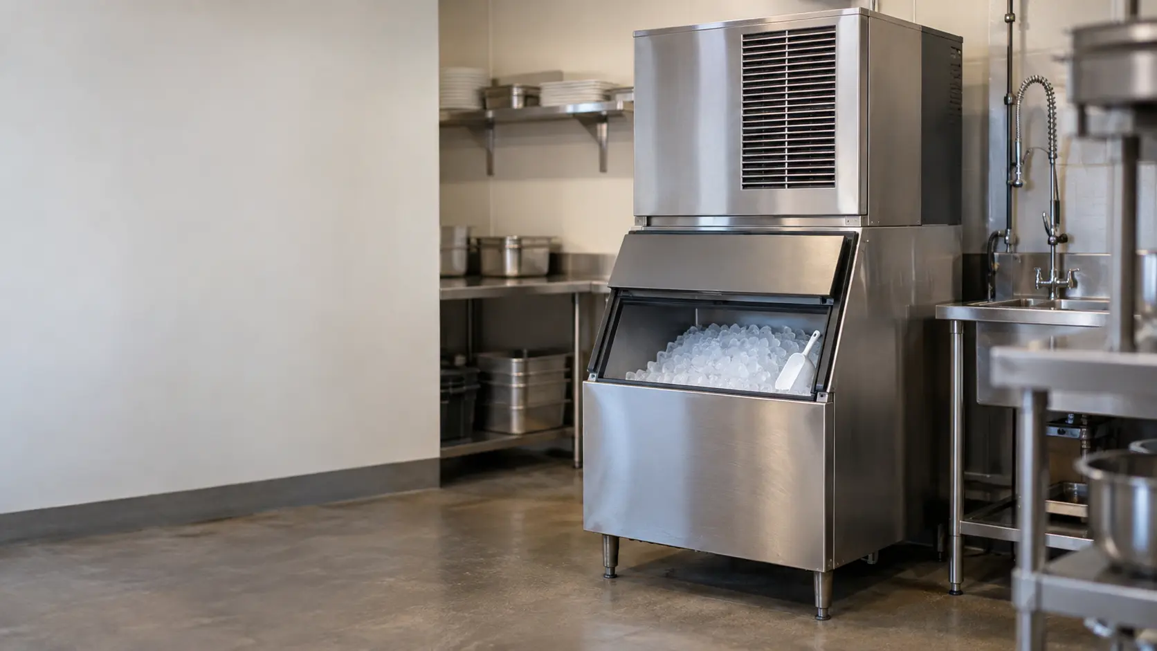 A Tampa Bay seafood restaurant's back room with a modular ice machine on a tall bin, seen from across the room.